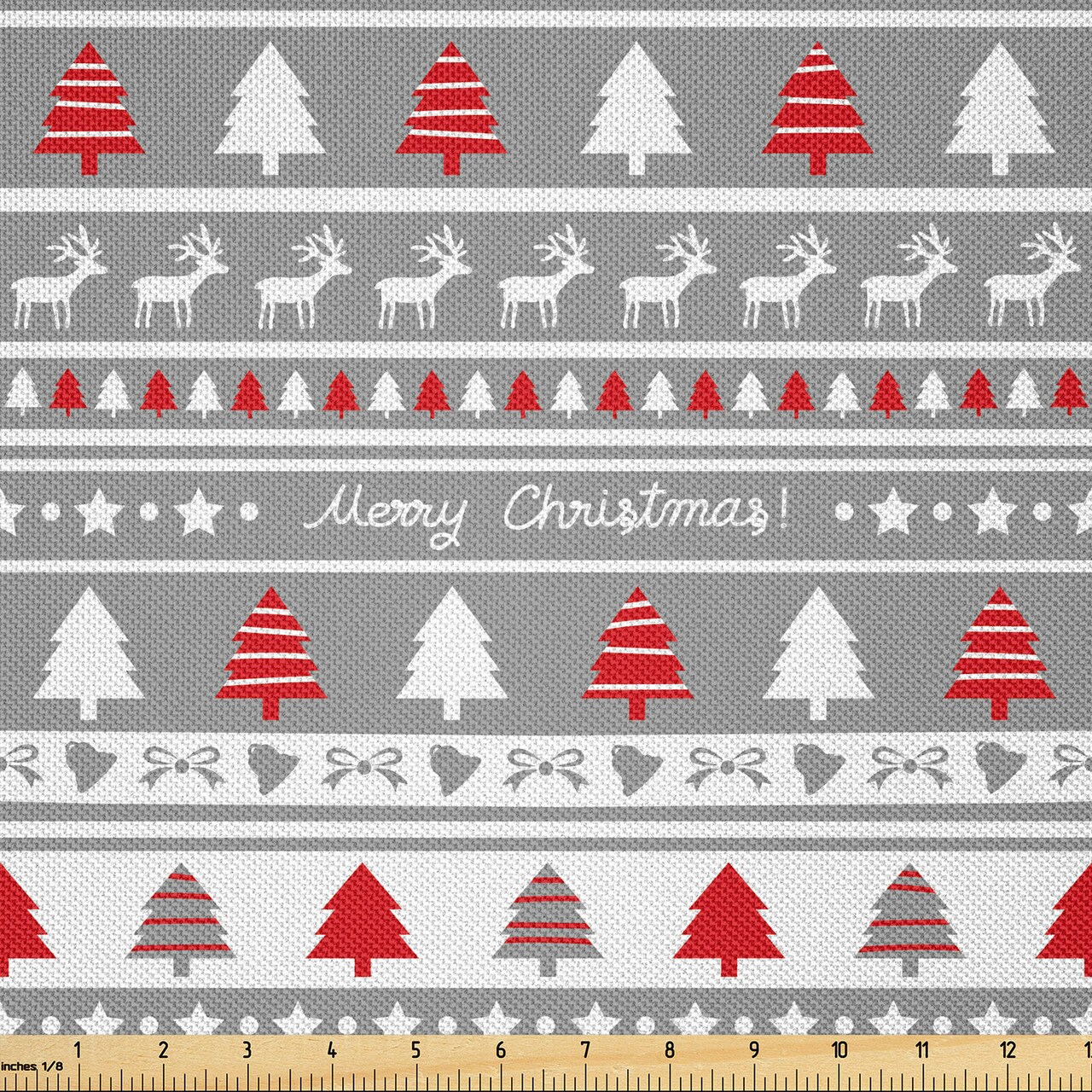 Ambesonne Christmas Fabric by The Yard, Xmas Border Deers Trees and Merry Christmas Lettering Bows Bells Image, Decorative Satin Fabric for Home Textiles and Crafts, 3 Yards, Grey Red